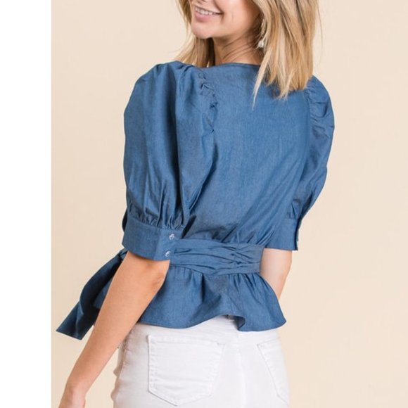 Chambray Denim Puff Sleeve Faux Wrap Top Shirt - Picture 4 of 7